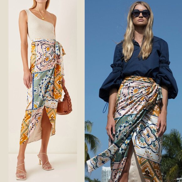 Silvia Tcherassi Bonnan Silk Wrap Skirt Teal Honey Mosaic Print Size M - Picture 1 of 8